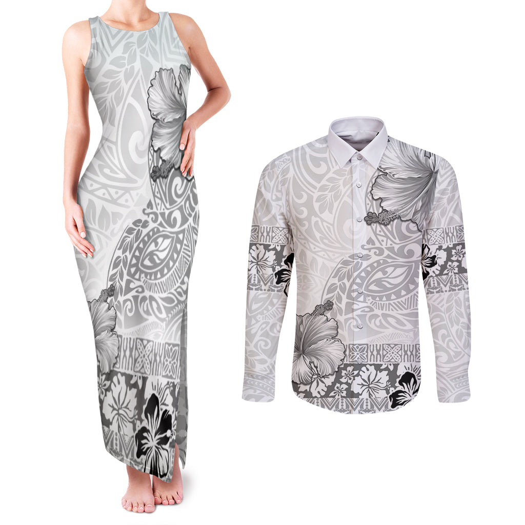 Hawaii Hibiscus With White Polynesian Pattern Couples Matching Tank Maxi Dress and Long Sleeve Button Shirt