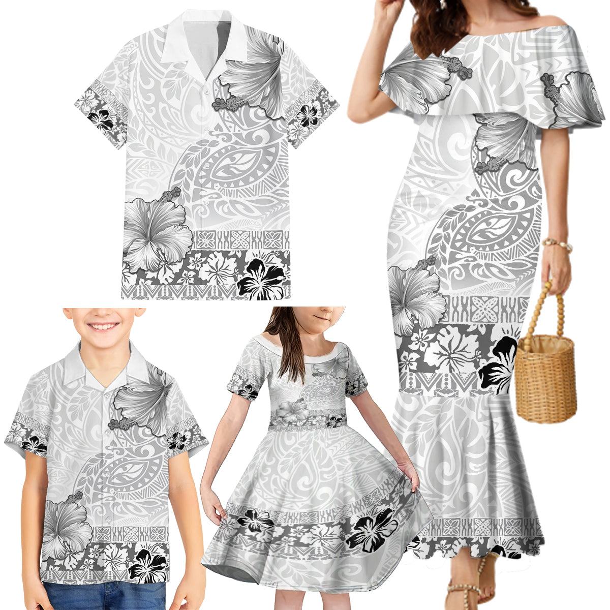 Hawaii Hibiscus With White Polynesian Pattern Family Matching Mermaid Dress and Hawaiian Shirt