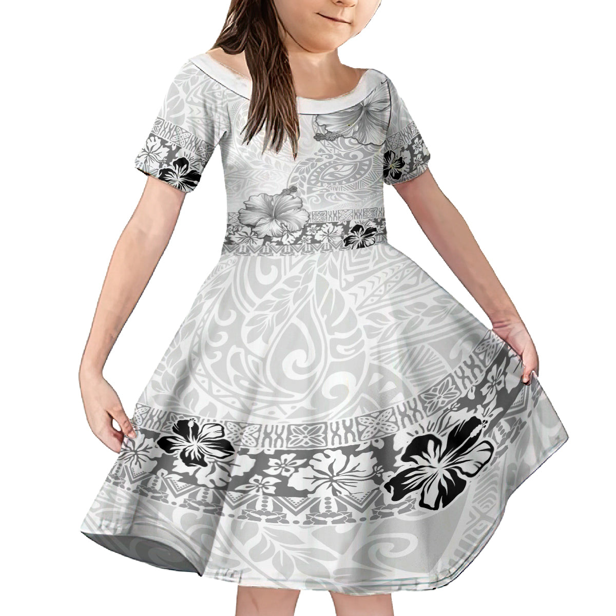 Hawaii Hibiscus With White Polynesian Pattern Family Matching Puletasi and Hawaiian Shirt LT05 Daughter's Dress White - Polynesian Pride