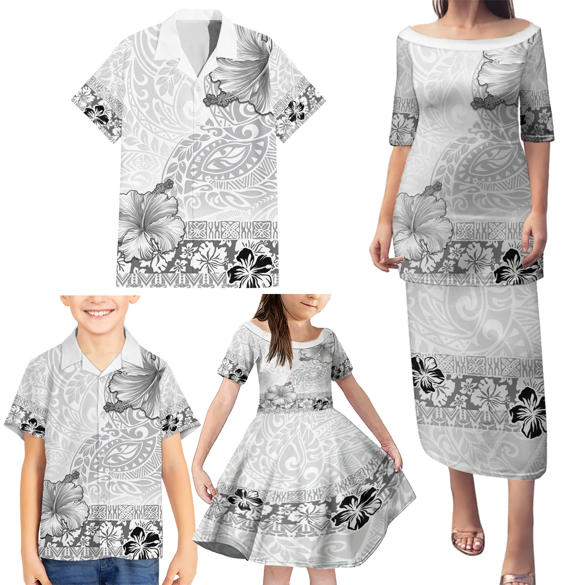 Hawaii Hibiscus With White Polynesian Pattern Family Matching Puletasi and Hawaiian Shirt LT05 - Polynesian Pride