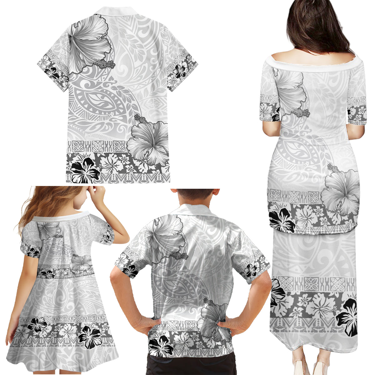 Hawaii Hibiscus With White Polynesian Pattern Family Matching Puletasi and Hawaiian Shirt LT05 - Polynesian Pride