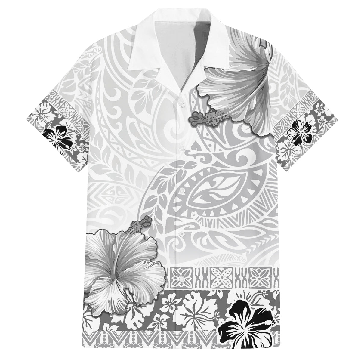 Hawaii Hibiscus With White Polynesian Pattern Family Matching Puletasi and Hawaiian Shirt LT05 Dad's Shirt - Short Sleeve White - Polynesian Pride