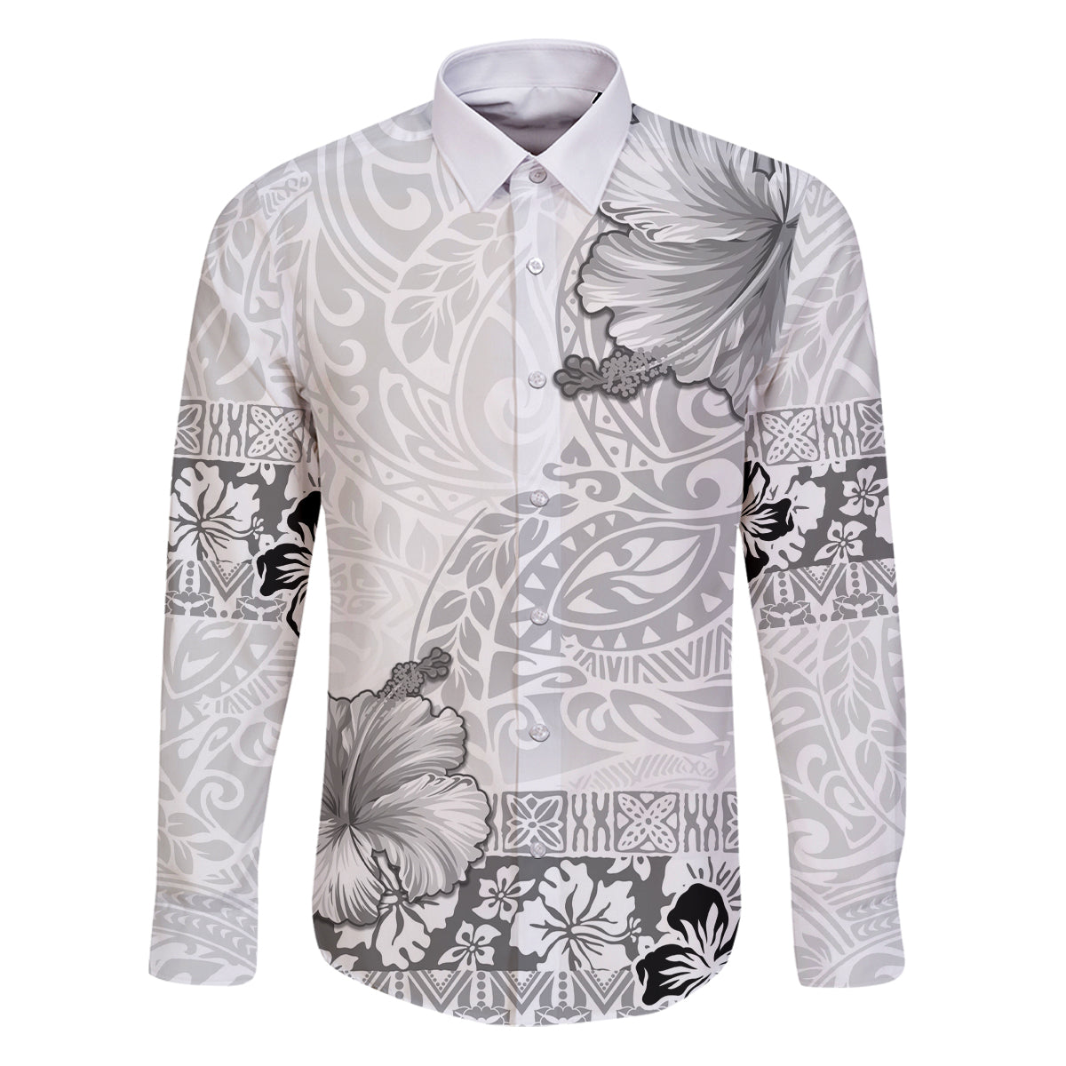 Hawaii Hibiscus With White Polynesian Pattern Family Matching Puletasi and Hawaiian Shirt LT05 Dad's Shirt - Long Sleeve White - Polynesian Pride