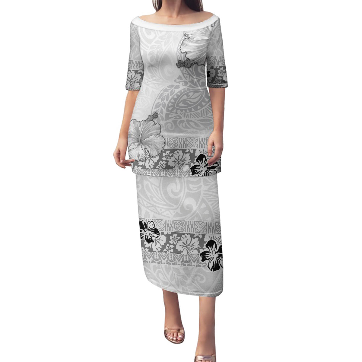 Hawaii Hibiscus With White Polynesian Pattern Family Matching Puletasi and Hawaiian Shirt LT05 Mom's Dress White - Polynesian Pride