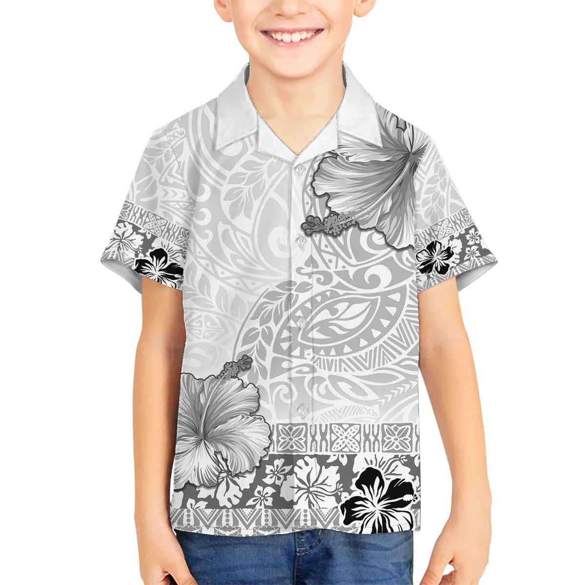 Hawaii Hibiscus With White Polynesian Pattern Family Matching Puletasi and Hawaiian Shirt LT05 Son's Shirt White - Polynesian Pride