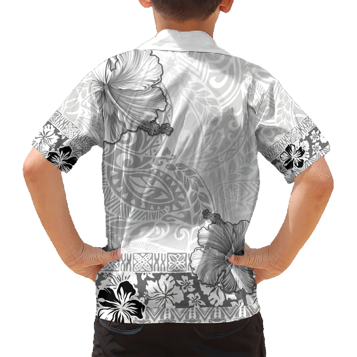 Hawaii Hibiscus With White Polynesian Pattern Family Matching Short Sleeve Bodycon Dress and Hawaiian Shirt
