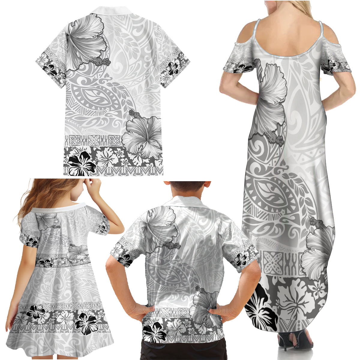 Hawaii Hibiscus With White Polynesian Pattern Family Matching Summer Maxi Dress and Hawaiian Shirt