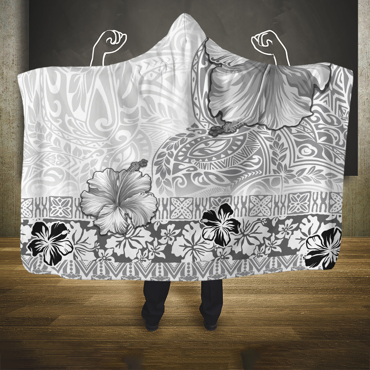 Hawaii Hibiscus With White Polynesian Pattern Hooded Blanket LT05 One Size White - Polynesian Pride