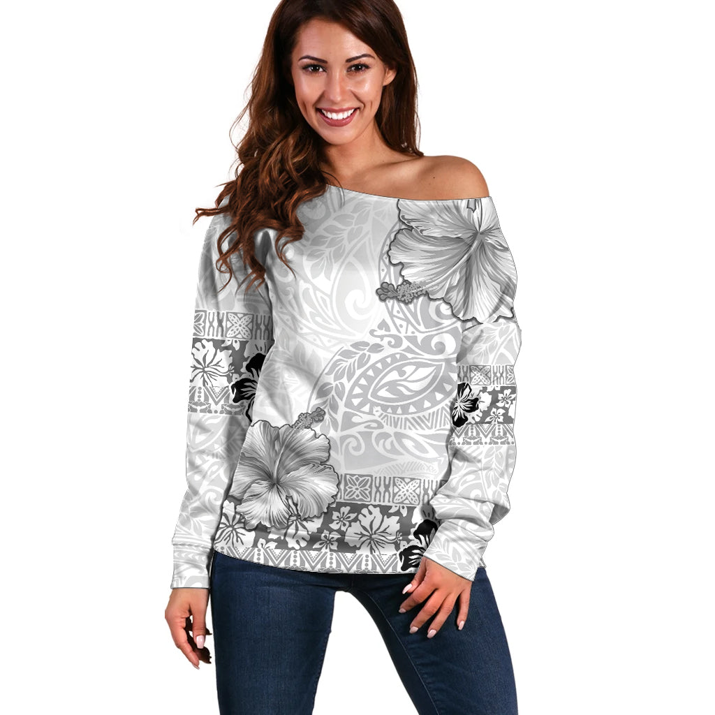 Hawaii Hibiscus With White Polynesian Pattern Off Shoulder Sweater