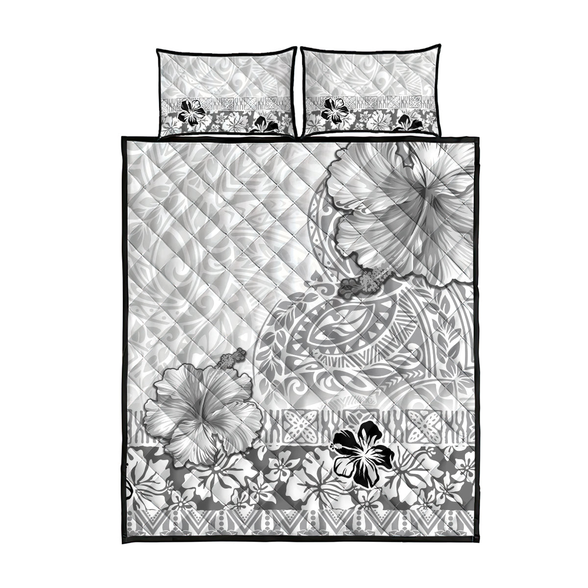 Hawaii Hibiscus With White Polynesian Pattern Quilt Bed Set