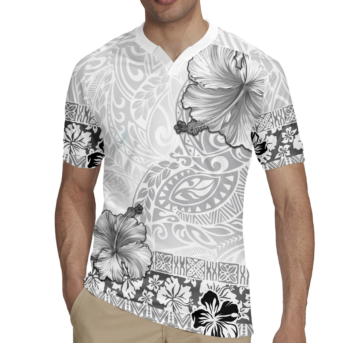 Hawaii Hibiscus With White Polynesian Pattern Rugby Jersey