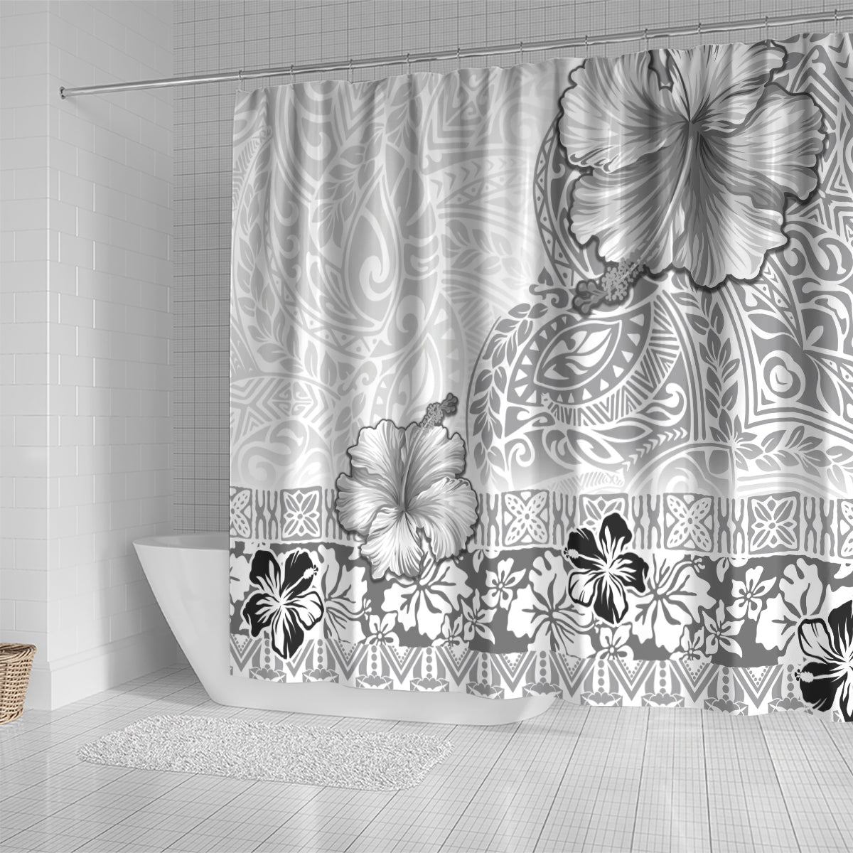 Hawaii Hibiscus With White Polynesian Pattern Shower Curtain