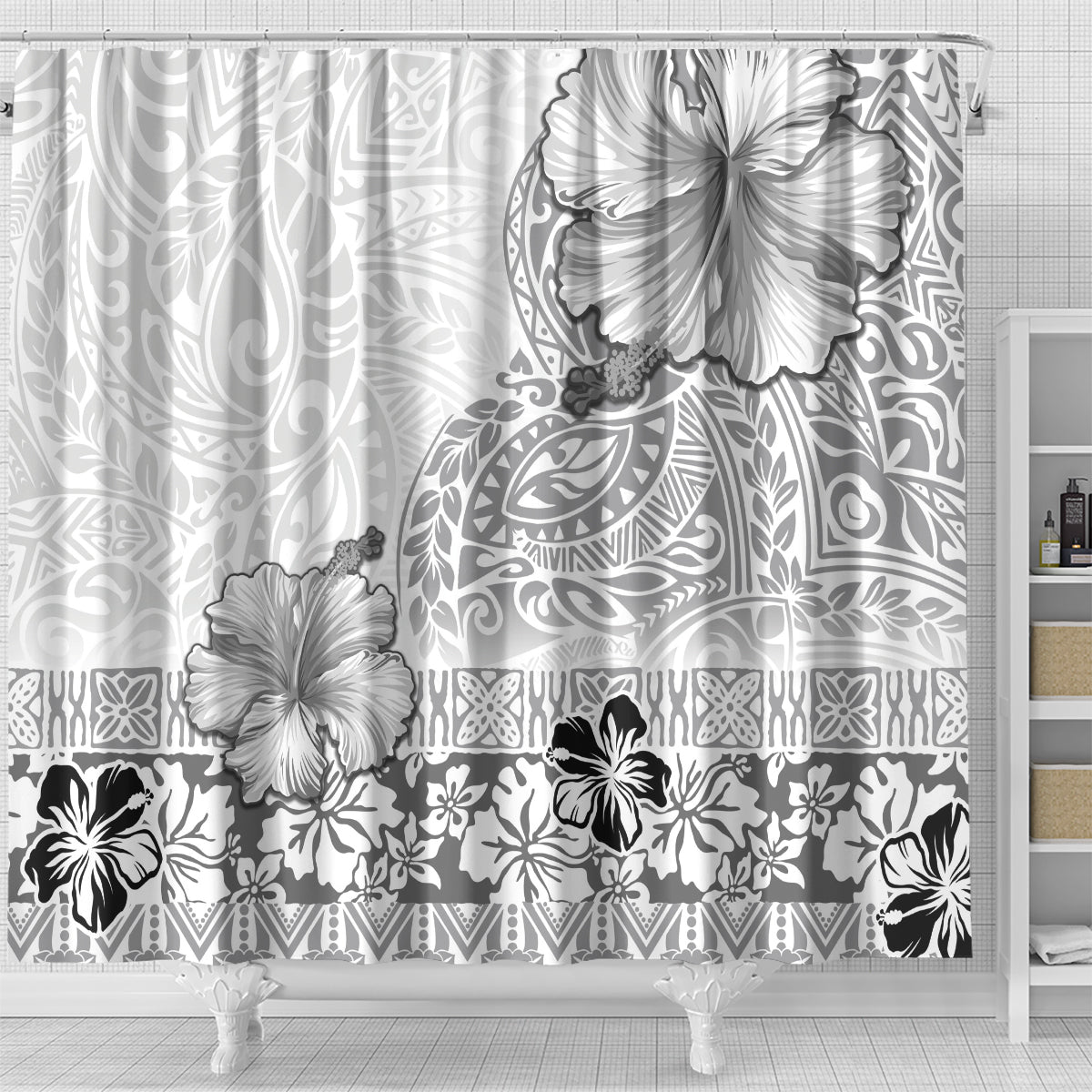 Hawaii Hibiscus With White Polynesian Pattern Shower Curtain