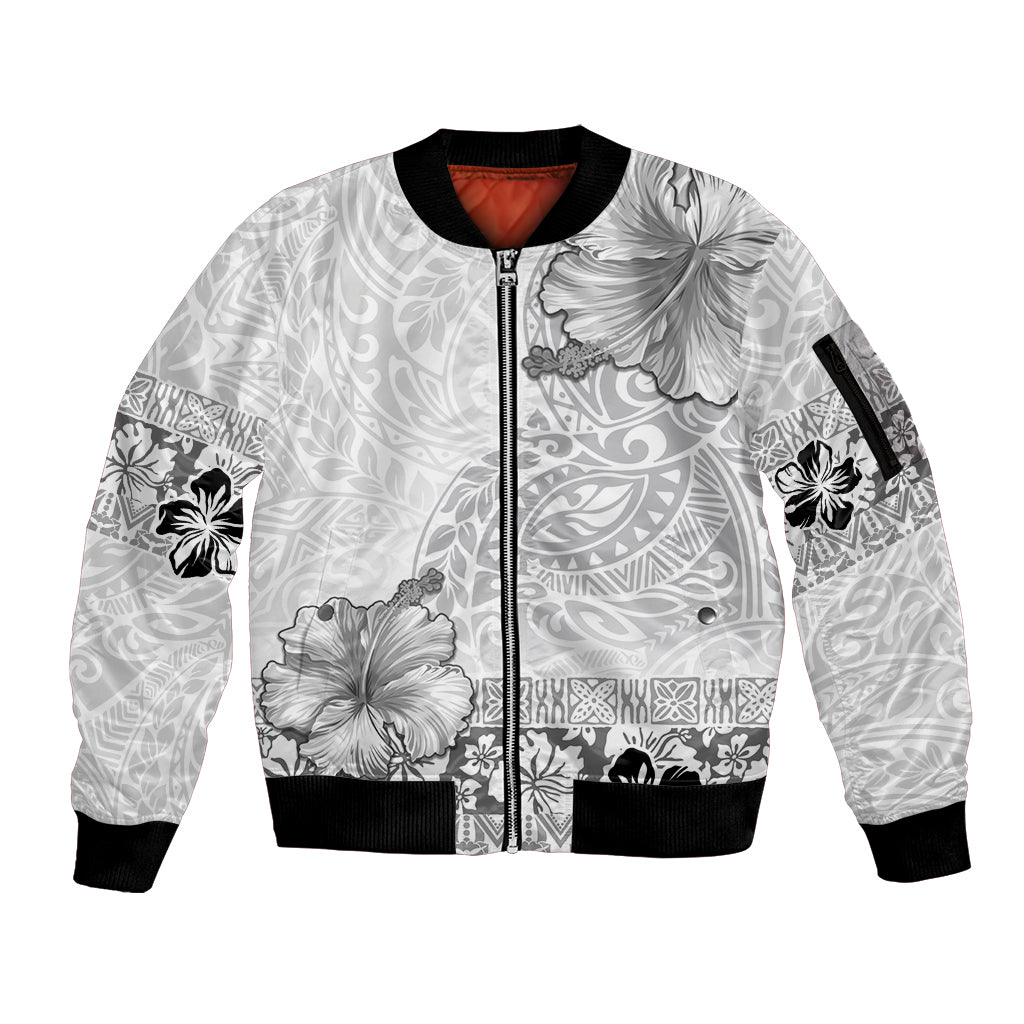 Hawaii Hibiscus With White Polynesian Pattern Sleeve Zip Bomber Jacket LT05 Unisex White - Polynesian Pride