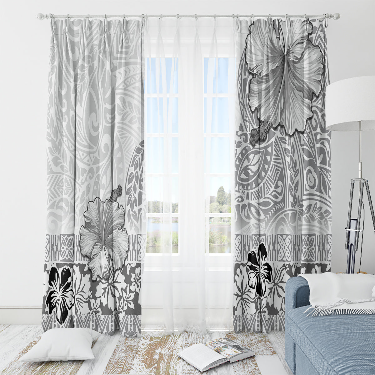 Hawaii Hibiscus With White Polynesian Pattern Window Curtain