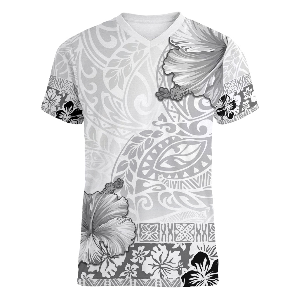Hawaii Hibiscus With White Polynesian Pattern Women V-Neck T-Shirt