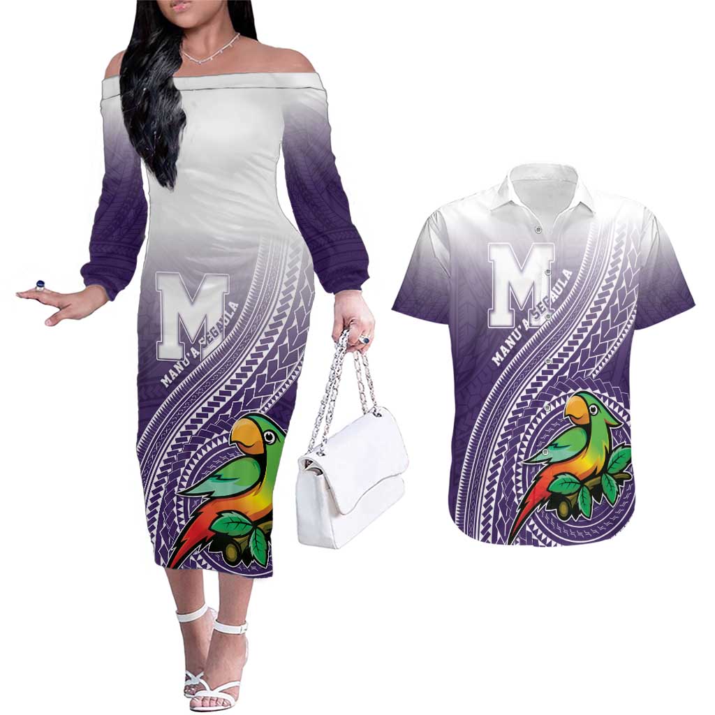 Personalized Manua High School Couples Matching Off The Shoulder Long Sleeve Dress and Hawaiian Shirt Polynesian Tribal Pattern