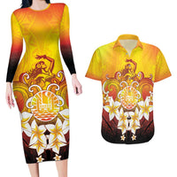 Tahiti Heiva Festival Couples Matching Long Sleeve Bodycon Dress and Hawaiian Shirt Tahitian Vahine Plumeria Flowers LT05 Yellow - Polynesian Pride