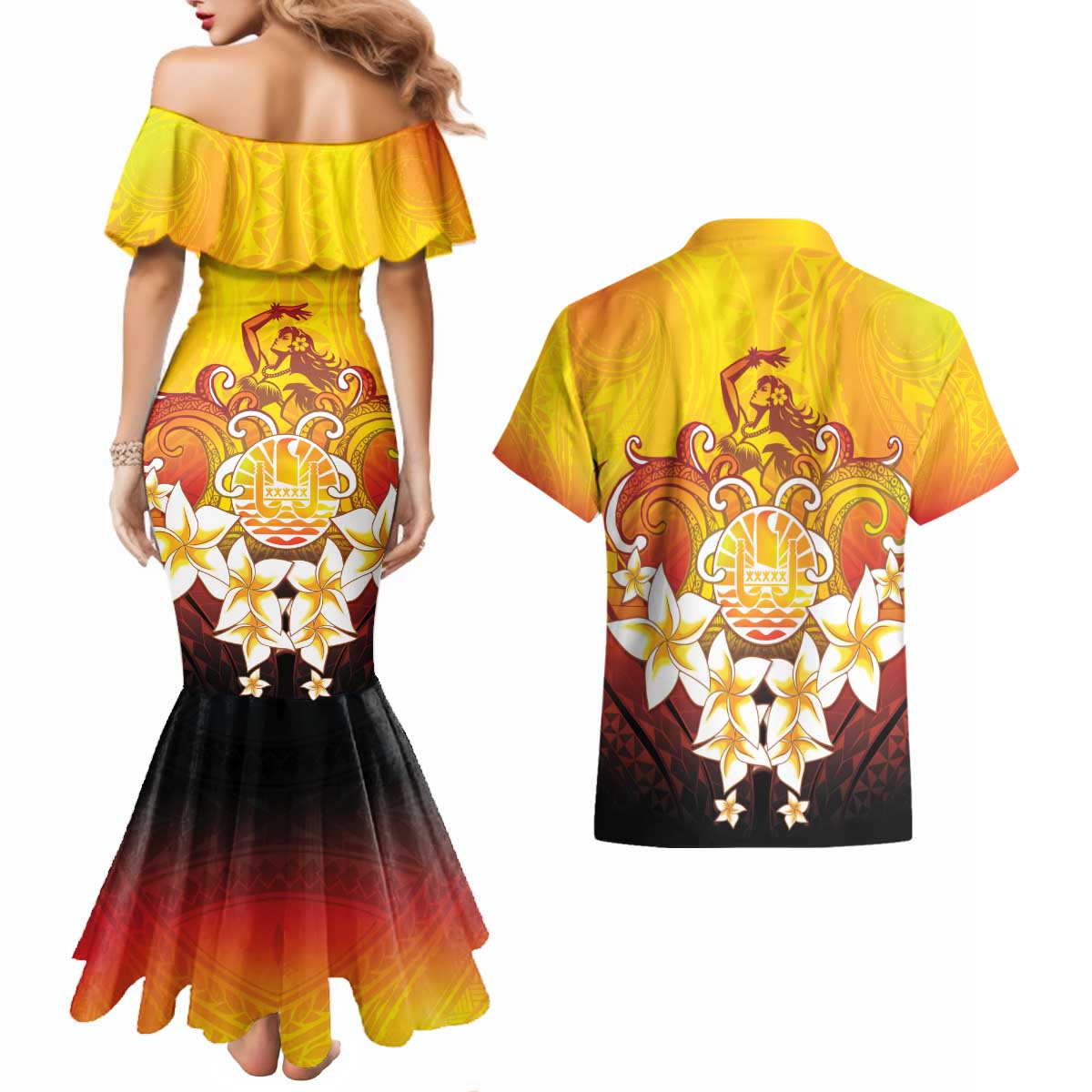 Tahiti Heiva Festival Couples Matching Mermaid Dress and Hawaiian Shirt Tahitian Vahine Plumeria Flowers LT05 - Polynesian Pride