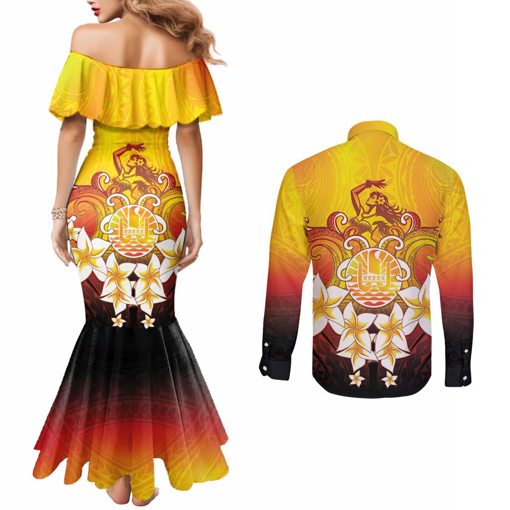 Tahiti Heiva Festival Couples Matching Mermaid Dress and Long Sleeve Button Shirt Tahitian Vahine Plumeria Flowers LT05 - Polynesian Pride