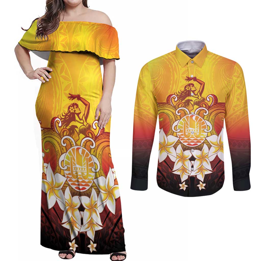 Tahiti Heiva Festival Couples Matching Off Shoulder Maxi Dress and Long Sleeve Button Shirt Tahitian Vahine Plumeria Flowers LT05 Yellow - Polynesian Pride
