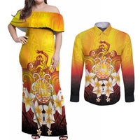 Tahiti Heiva Festival Couples Matching Off Shoulder Maxi Dress and Long Sleeve Button Shirt Tahitian Vahine Plumeria Flowers LT05 Yellow - Polynesian Pride