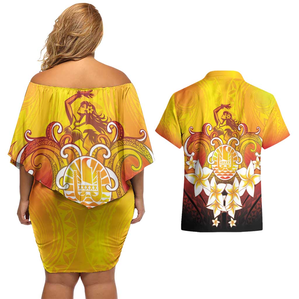 Tahiti Heiva Festival Couples Matching Off Shoulder Short Dress and Hawaiian Shirt Tahitian Vahine Plumeria Flowers LT05 - Polynesian Pride