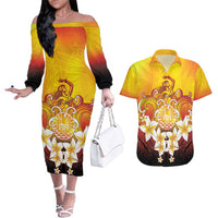 Tahiti Heiva Festival Couples Matching Off The Shoulder Long Sleeve Dress and Hawaiian Shirt Tahitian Vahine Plumeria Flowers