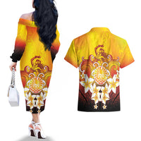 Tahiti Heiva Festival Couples Matching Off The Shoulder Long Sleeve Dress and Hawaiian Shirt Tahitian Vahine Plumeria Flowers