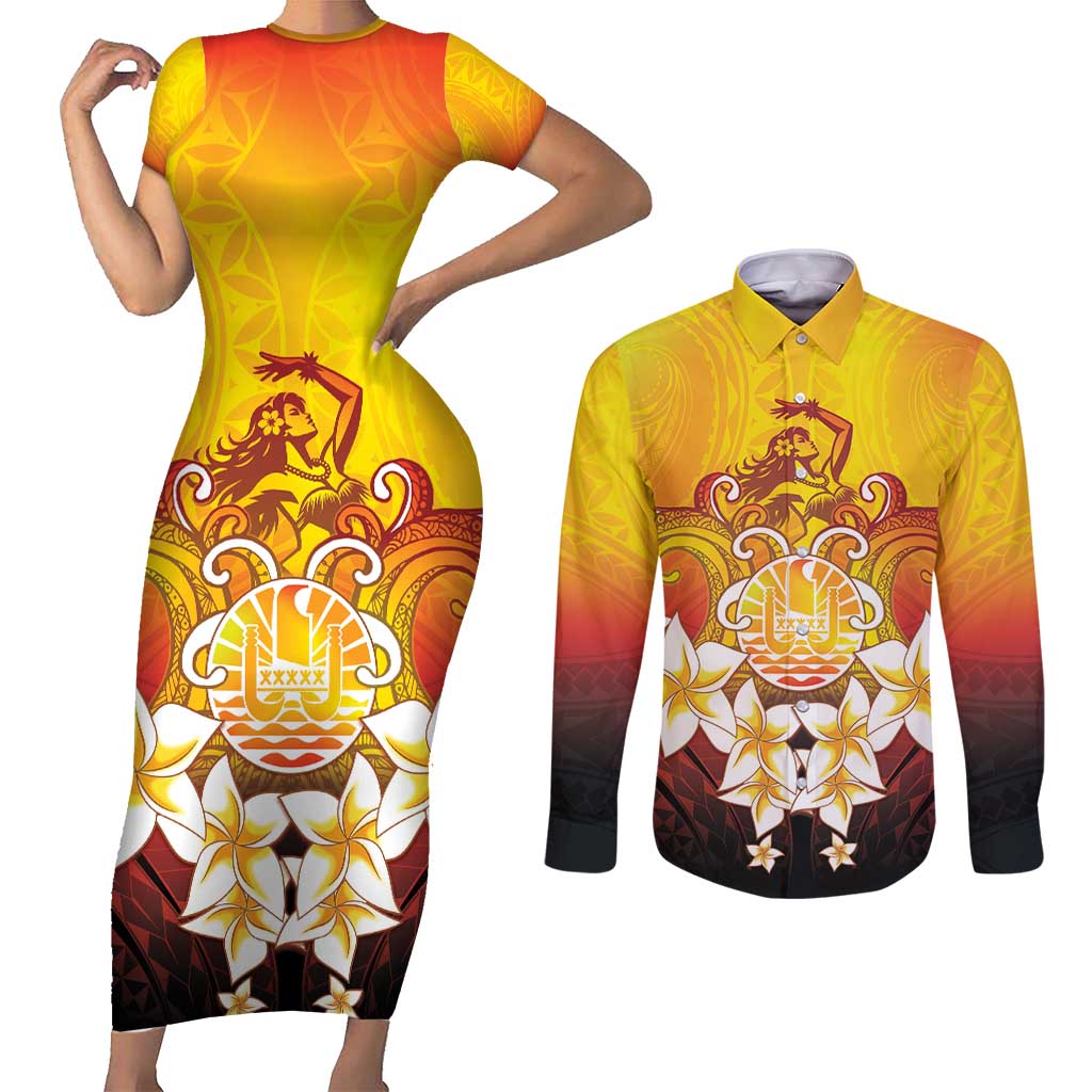 Tahiti Heiva Festival Couples Matching Short Sleeve Bodycon Dress and Long Sleeve Button Shirt Tahitian Vahine Plumeria Flowers LT05 Yellow - Polynesian Pride
