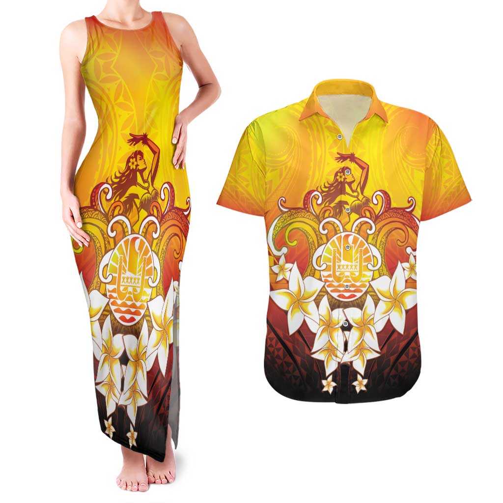 Tahiti Heiva Festival Couples Matching Tank Maxi Dress and Hawaiian Shirt Tahitian Vahine Plumeria Flowers LT05 Yellow - Polynesian Pride