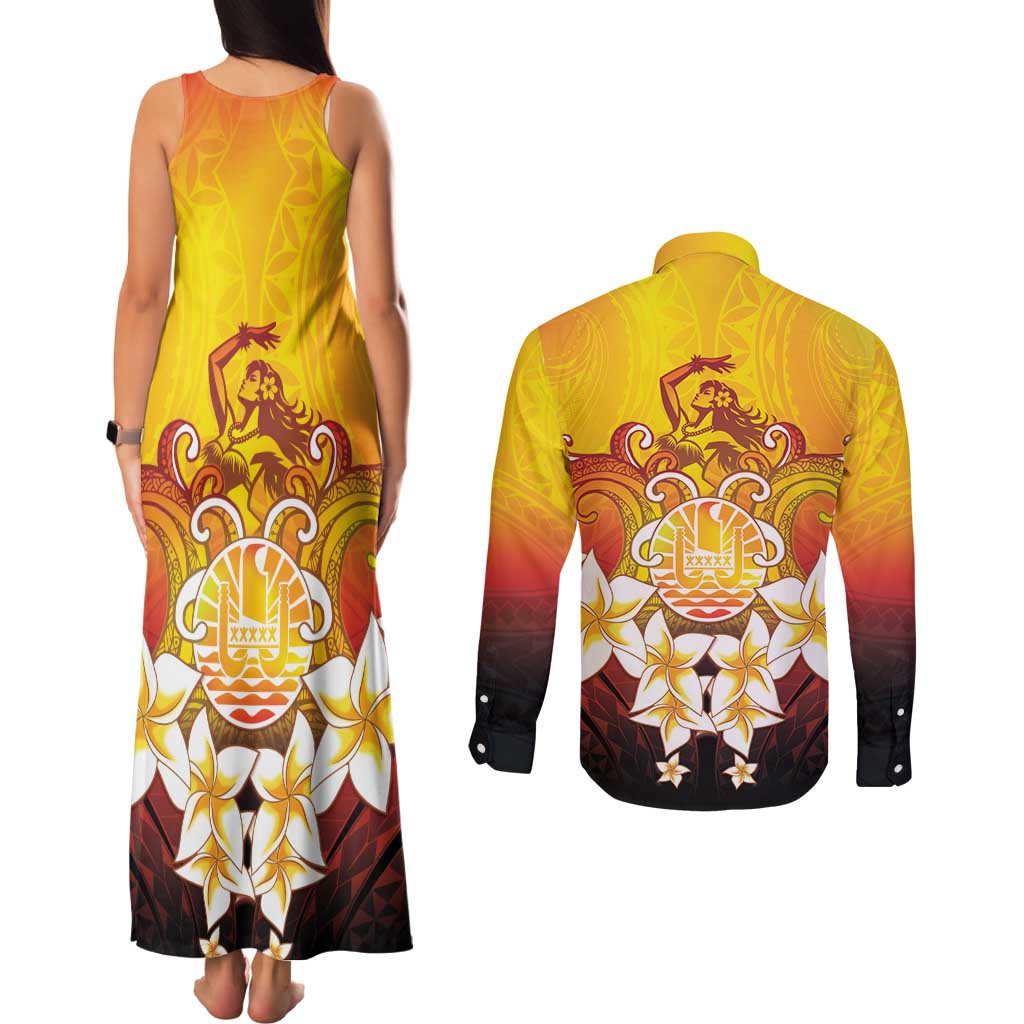 Tahiti Heiva Festival Couples Matching Tank Maxi Dress and Long Sleeve Button Shirt Tahitian Vahine Plumeria Flowers LT05 - Polynesian Pride