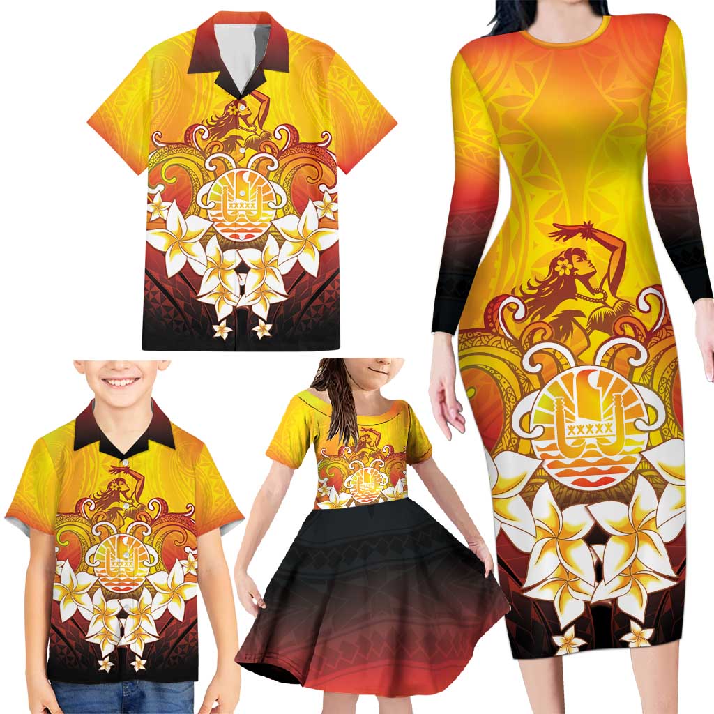 Tahiti Heiva Festival Family Matching Long Sleeve Bodycon Dress and Hawaiian Shirt Tahitian Vahine Plumeria Flowers LT05 - Polynesian Pride