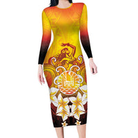 Tahiti Heiva Festival Family Matching Long Sleeve Bodycon Dress and Hawaiian Shirt Tahitian Vahine Plumeria Flowers LT05 Mom's Dress Yellow - Polynesian Pride