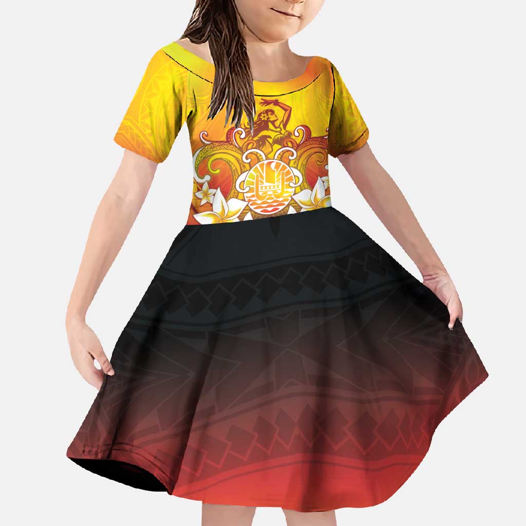 Tahiti Heiva Festival Family Matching Short Sleeve Bodycon Dress and Hawaiian Shirt Tahitian Vahine Plumeria Flowers LT05 Daughter's Dress Yellow - Polynesian Pride