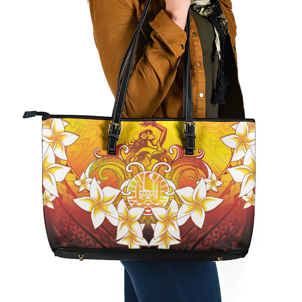 Tahiti Heiva Festival Leather Tote Bag Tahitian Vahine Plumeria Flowers