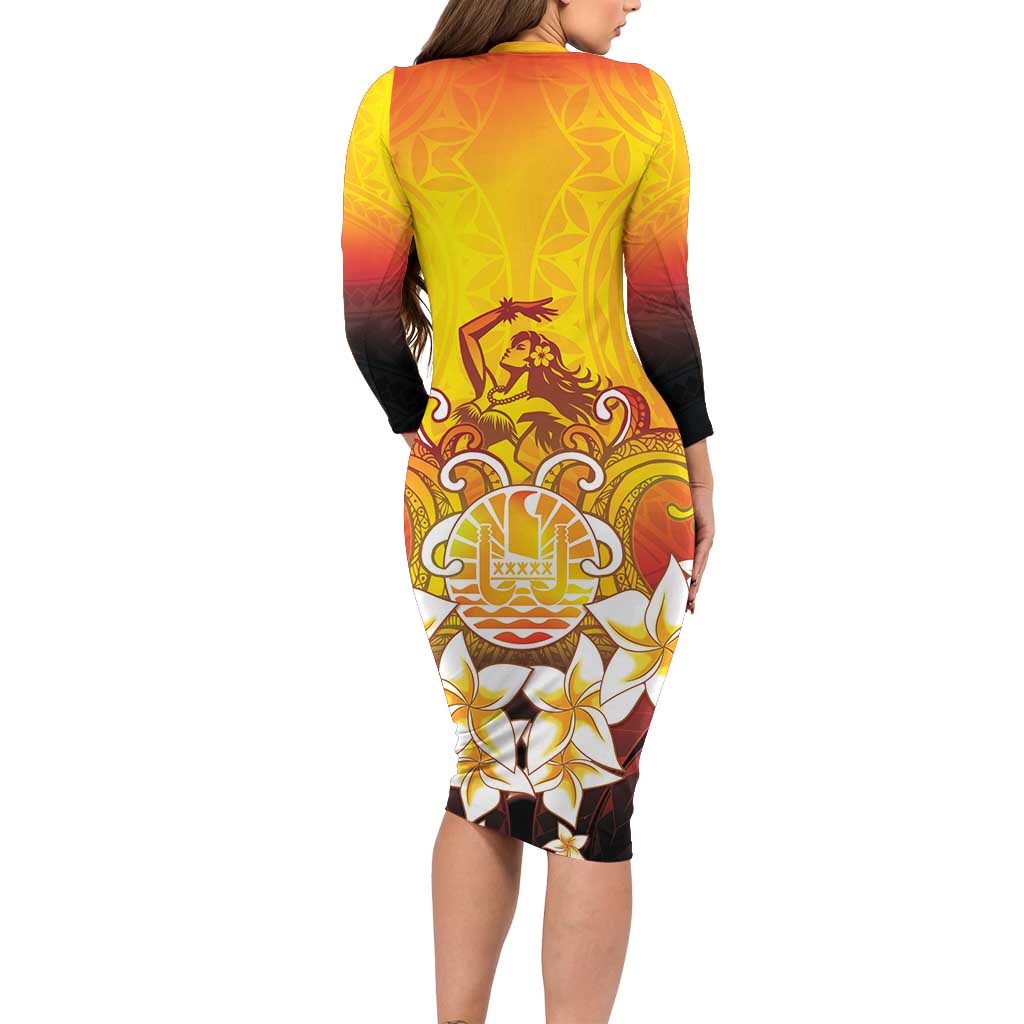 Tahiti Heiva Festival Long Sleeve Bodycon Dress Tahitian Vahine Plumeria Flowers LT05 - Polynesian Pride