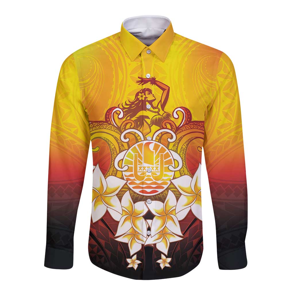 Tahiti Heiva Festival Long Sleeve Button Shirt Tahitian Vahine Plumeria Flowers LT05 Unisex Yellow - Polynesian Pride