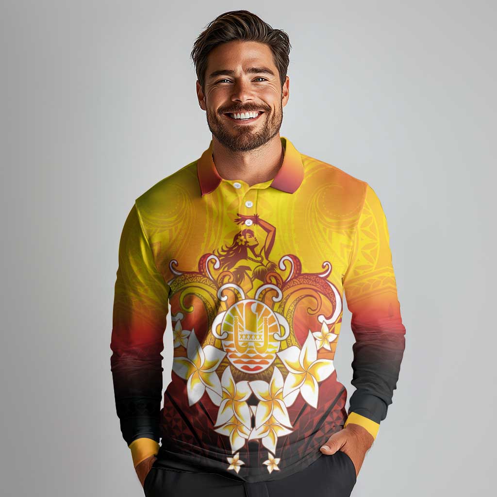 Tahiti Heiva Festival Long Sleeve Polo Shirt Tahitian Vahine Plumeria Flowers LT05 - Polynesian Pride