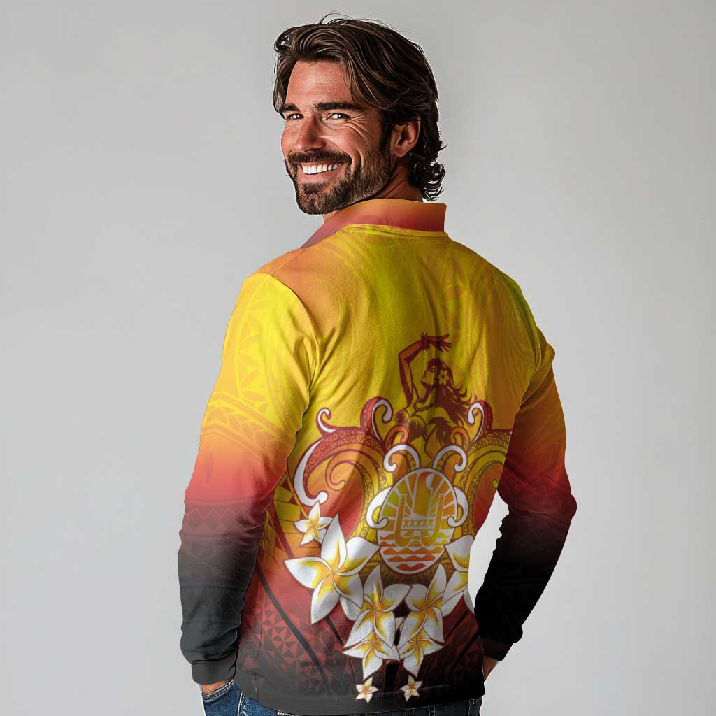 Tahiti Heiva Festival Long Sleeve Polo Shirt Tahitian Vahine Plumeria Flowers LT05 - Polynesian Pride