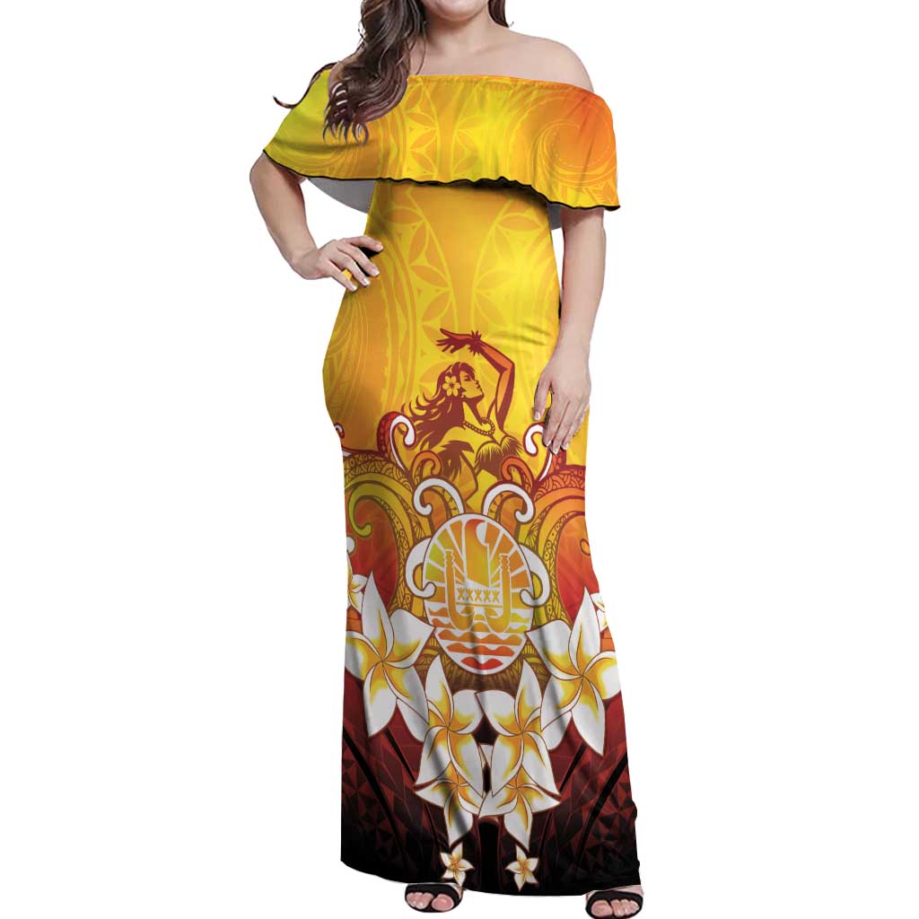 Tahiti Heiva Festival Off Shoulder Maxi Dress Tahitian Vahine Plumeria Flowers