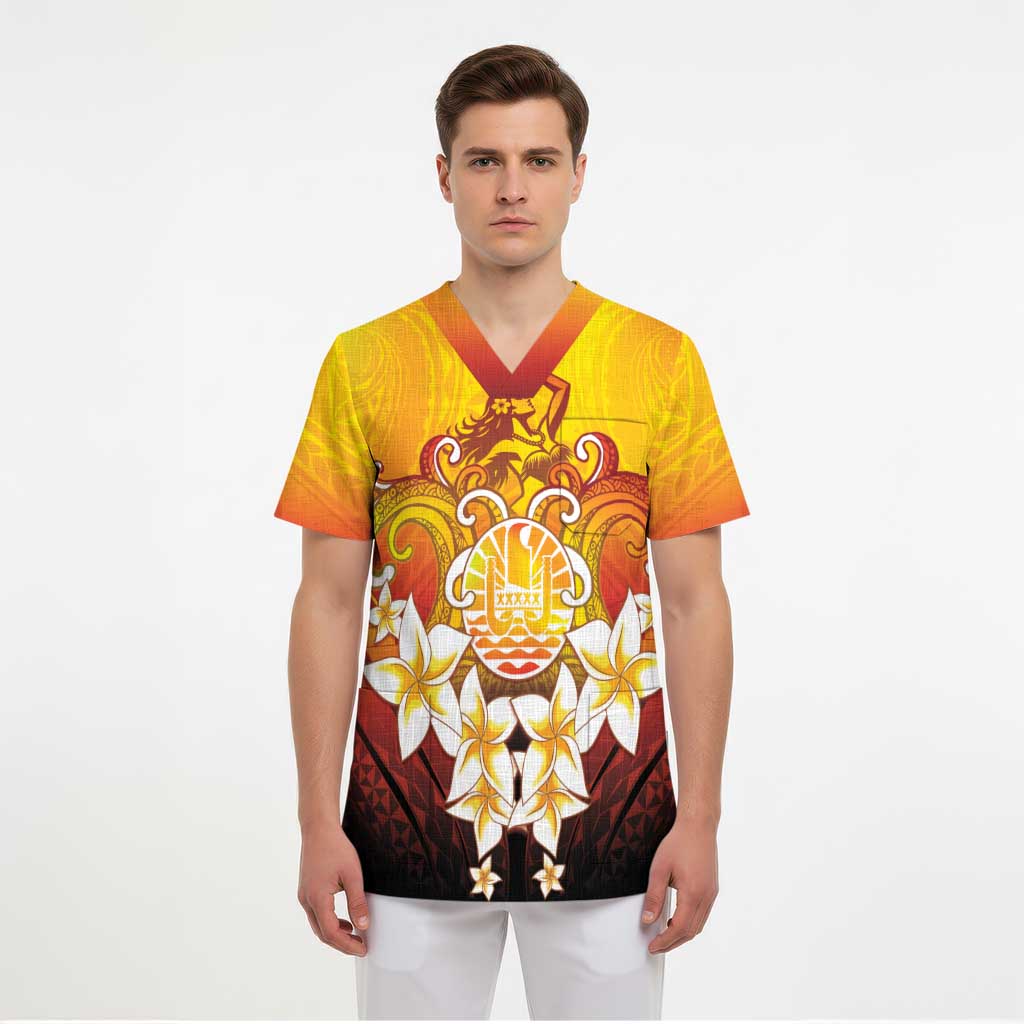 Tahiti Heiva Festival Scrub Top Tahitian Vahine Plumeria Flowers - Polynesian Pride