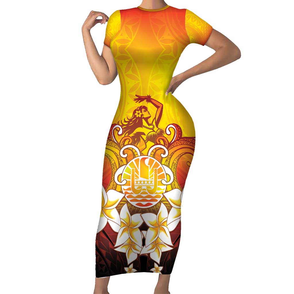 Tahiti Heiva Festival Short Sleeve Bodycon Dress Tahitian Vahine Plumeria Flowers