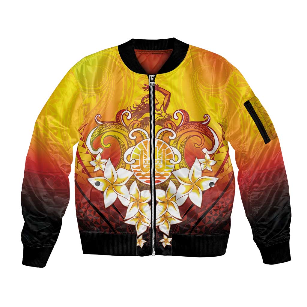 Tahiti Heiva Festival Sleeve Zip Bomber Jacket Tahitian Vahine Plumeria Flowers LT05 Unisex Yellow - Polynesian Pride