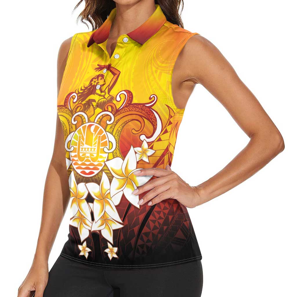 Tahiti Heiva Festival Women Sleeveless Polo Shirt Tahitian Vahine Plumeria Flowers LT05 - Polynesian Pride