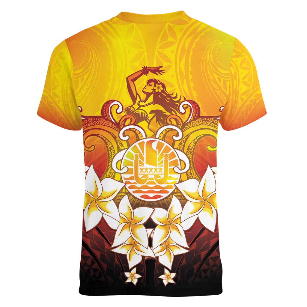 Tahiti Heiva Festival Women V-Neck T-Shirt Tahitian Vahine Plumeria Flowers LT05 - Polynesian Pride