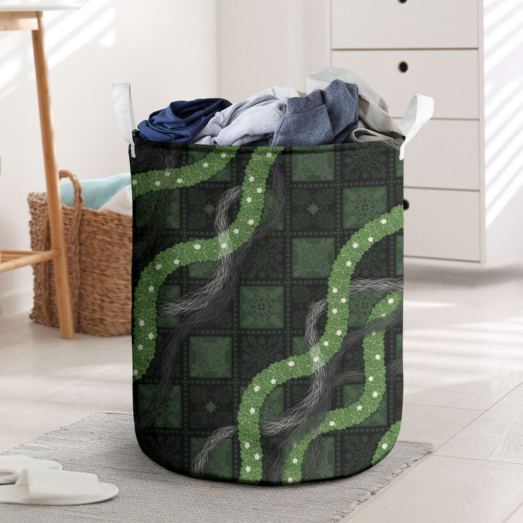 Hawaiian Quilt Laundry Basket Pele Hair Hinahina Lei Black Version
