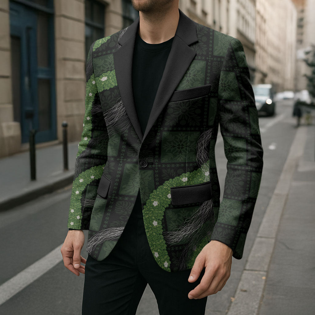 Hawaiian Quilt Blazer Pele Hair Hinahina Lei Black Version