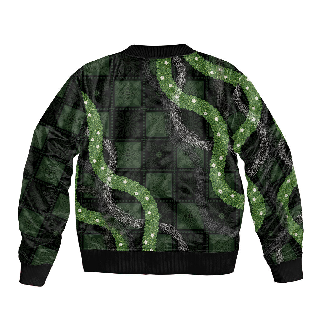 Hawaiian Quilt Bomber Jacket Pele Hair Hinahina Lei Black Version