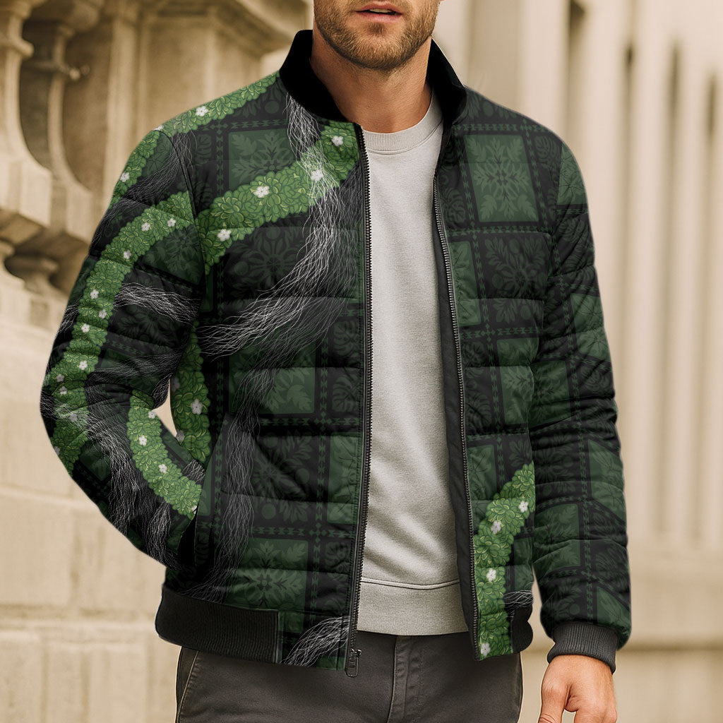 Hawaiian Quilt Bomber Puffer Jacket Pele Hair Hinahina Lei Black Version